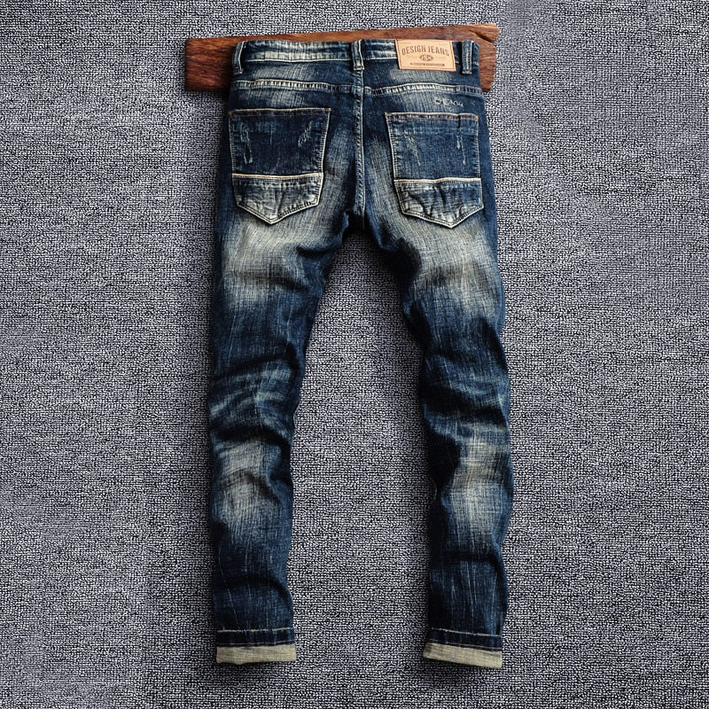 Italian Men Jeans Retro Elastic Slim Fit Ripped Jeans