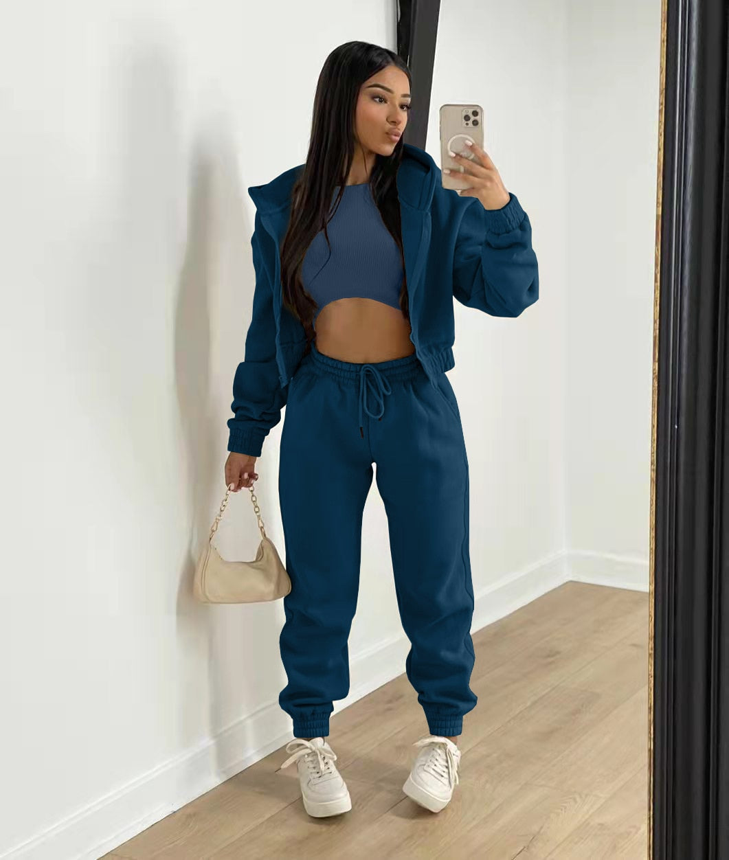 3 pieceLong Sleeve Zip Hoodies+Ribbed Tank+High Waist Three Pieces Outfit
