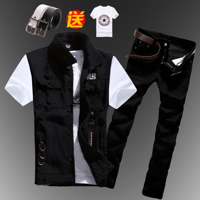 Mens  Casual Denim Vest Jeans Pants Slim Fit Two Piece Set