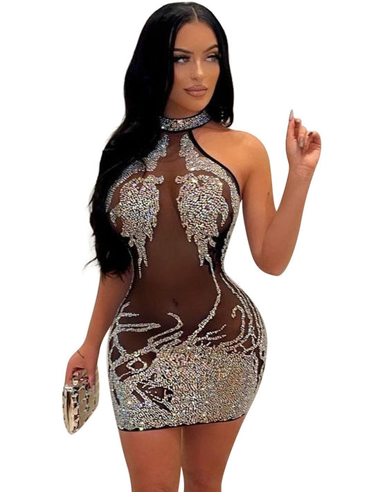 Mesh Rhinestone Short Prom Evening Mini Dress