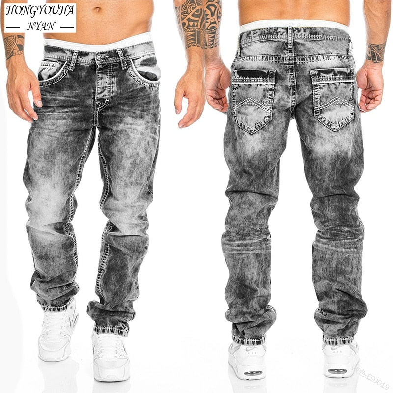 Men Pants Washed Stretch Straight Jeans
