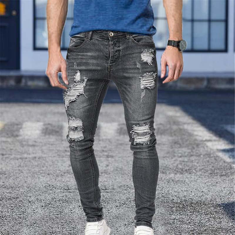 Men Cotton Stretchy Ripped Skinny Jeans High Quality