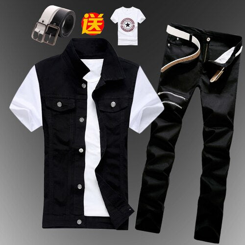 Mens  Casual Denim Vest Jeans Pants Slim Fit Two Piece Set