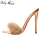 Peep Toe Mules Artificial Fur Slip OnWomen Brand HEELS