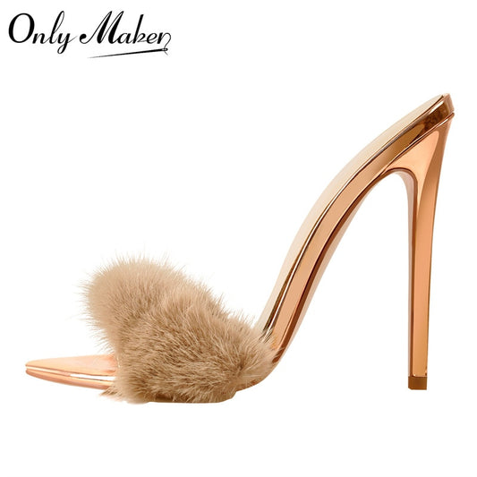 Peep Toe Mules Artificial Fur Slip OnWomen Brand HEELS