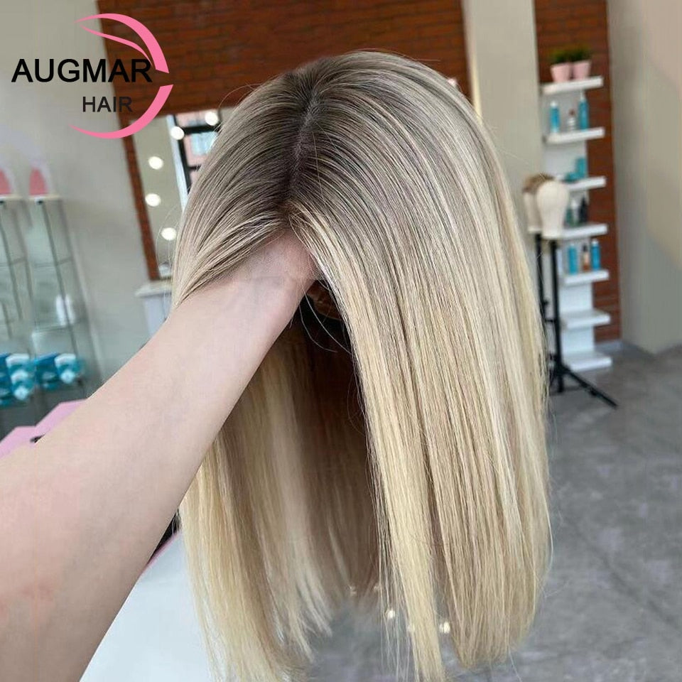 FROSTYYY HUMAN HAIR COLLECTION Short Ash Blonde 360 Lace Frontal Wig Brown Highlight Wig Human Hair 13x4 Straight Bob Wig Lace Front Human Hair Wigs For Women