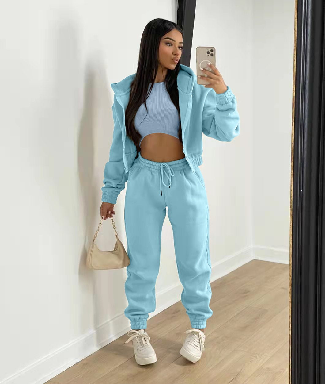 3 pieceLong Sleeve Zip Hoodies+Ribbed Tank+High Waist Three Pieces Outfit