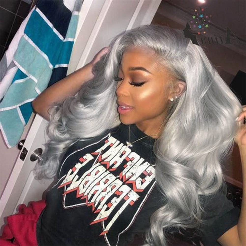 FROSTYYY HUMAN HAIR COLLECTION Charisma Synthetic Lace Front Wig Long Body Wave Silver Grey Lace Front Wigs for Women Heat Resistant Natural Hairline Lace Wigs