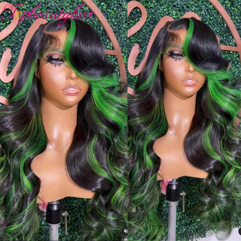 FROST HUMAN HAIR COLLECTION Green Highlight Wig Human Hair Colored Green 13x4 Lace Front Human Hair Wigs for Women Peruvian Remy Wavy Full Lace Wigs