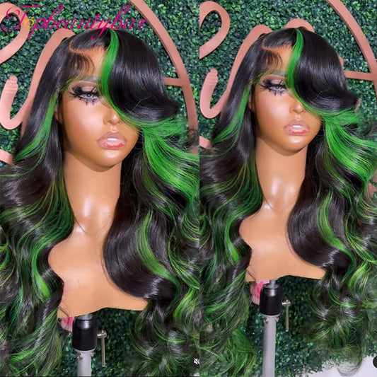 FROST HUMAN HAIR COLLECTION Green Highlight Wig Human Hair Colored Green 13x4 Lace Front Human Hair Wigs for Women Peruvian Remy Wavy Full Lace Wigs