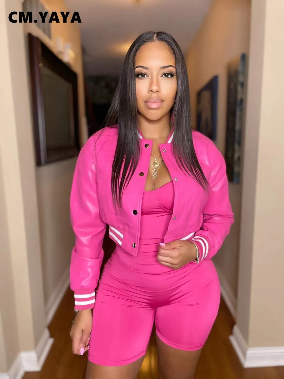 pink Faux Leather Striped Side Baseball Jacket