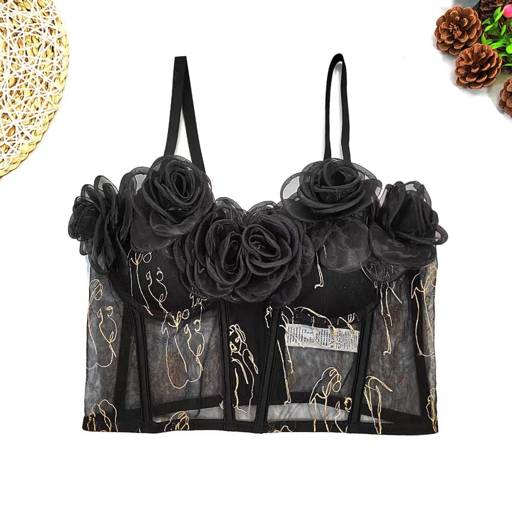 Tank Top Sweet Flowers Crop Top Mesh Embroidery Corset Women Elegant Party Bustier Streetwear Festive Clothing