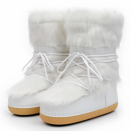 Winter Snow Boots Women Ski Boots Fluffy Hairy Lace Up Middle Calf Platform Flat With White Ski Boots