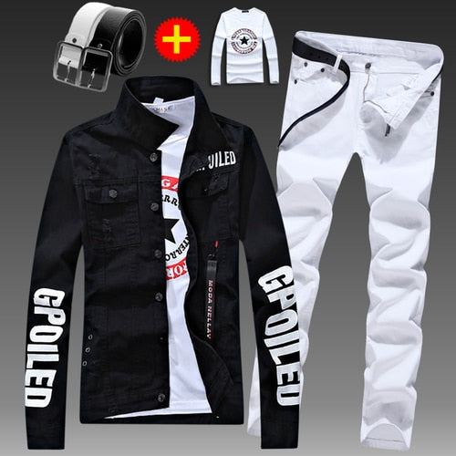 Men Slim Fit Denim Jacket Pants 2pcs Set