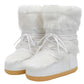 Winter Snow Boots Women Ski Boots Fluffy Hairy Lace Up Middle Calf Platform Flat With White Ski Boots