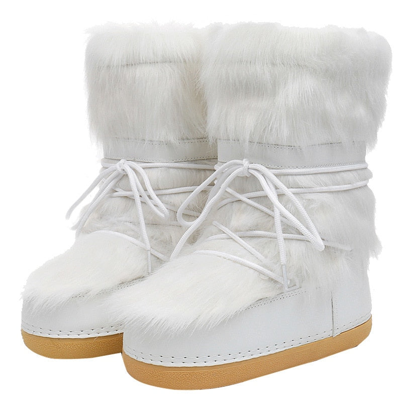 Winter Snow Boots Women Ski Boots Fluffy Hairy Lace Up Middle Calf Platform Flat With White Ski Boots