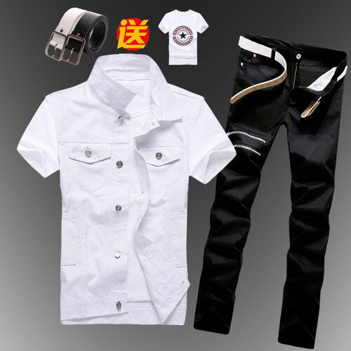Mens  Casual Denim Vest Jeans Pants Slim Fit Two Piece Set