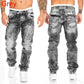 Men Pants Washed Stretch Straight Jeans