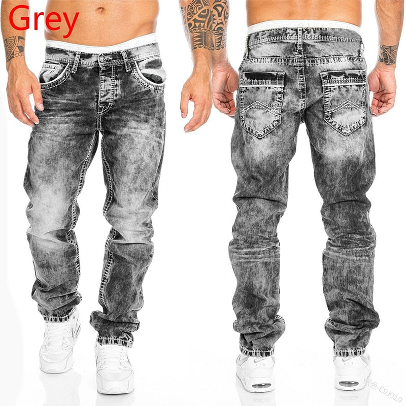Men Pants Washed Stretch Straight Jeans