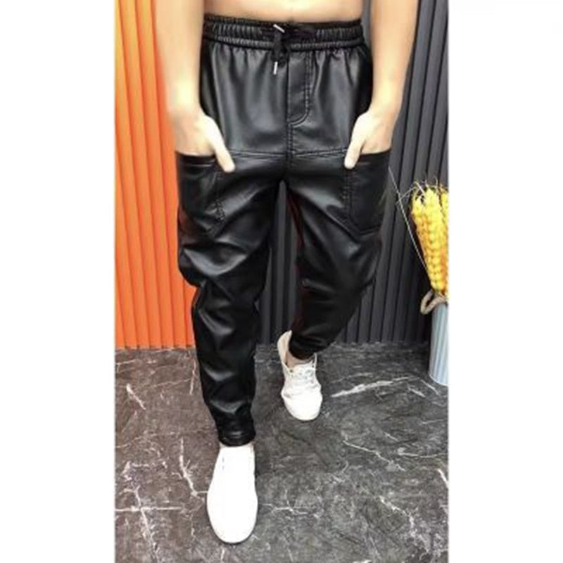 Men Leather Pants Elastic Waist Leather Pants